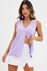 Purple Top Sleeveless V Neck Buttons Details Plisse