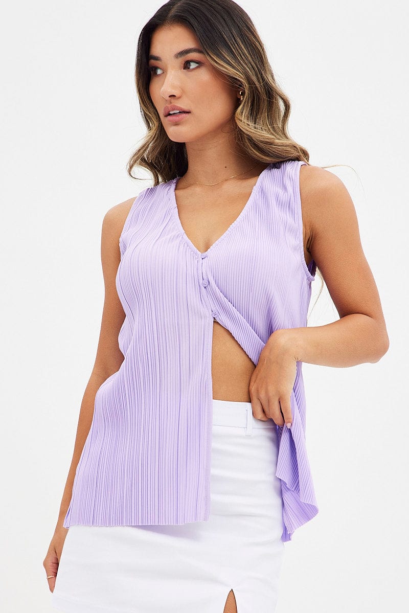 Purple Top Sleeveless V Neck Buttons Details Plisse