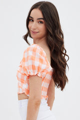 Orange Check Gingham Twist Front Crop Top