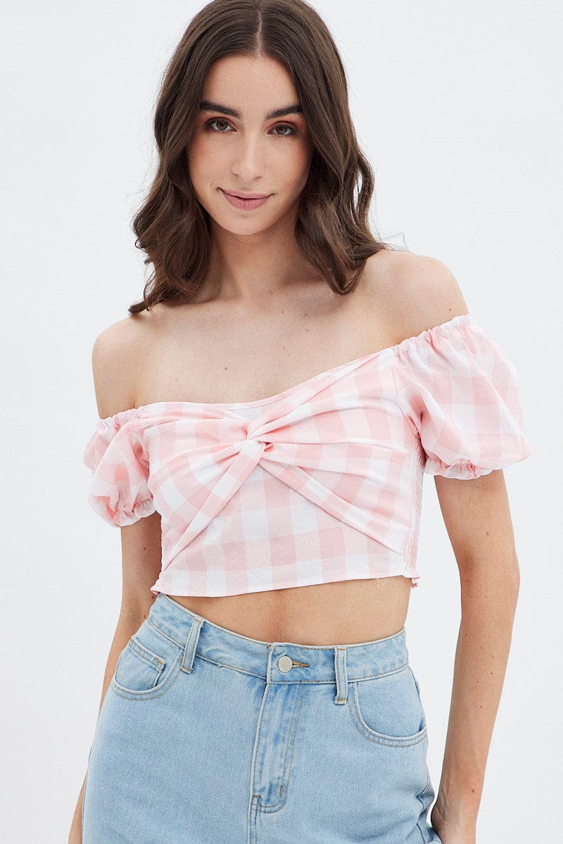 Pink Check Gingham Twist Front Crop Top