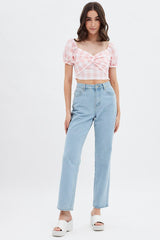 Pink Check Gingham Twist Front Crop Top