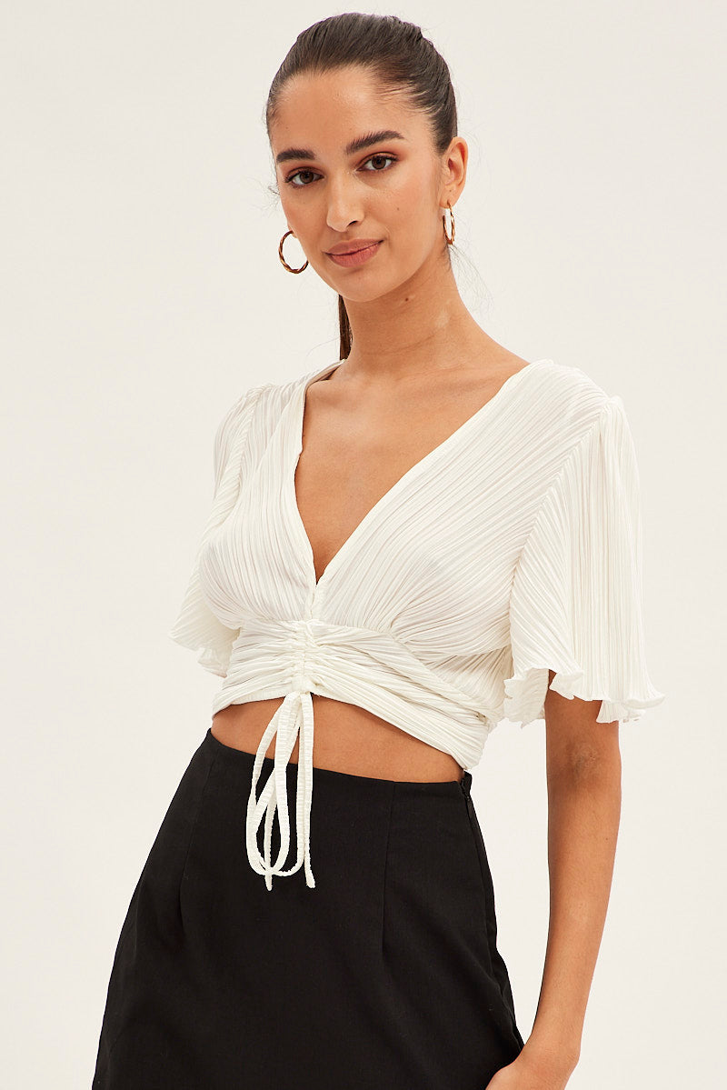 White Crop Top Short Sleeve Plisse Ruched Front