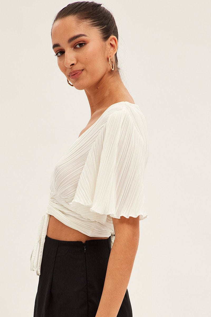 White Crop Top Short Sleeve Plisse Ruched Front