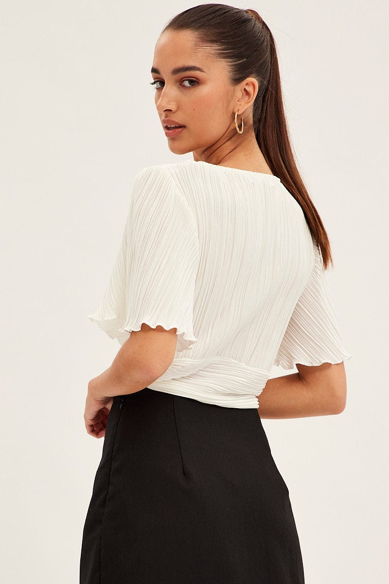 White Crop Top Short Sleeve Plisse Ruched Front