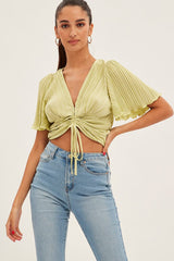 Green Crop Top Short Sleeve Plisse Ruched Front