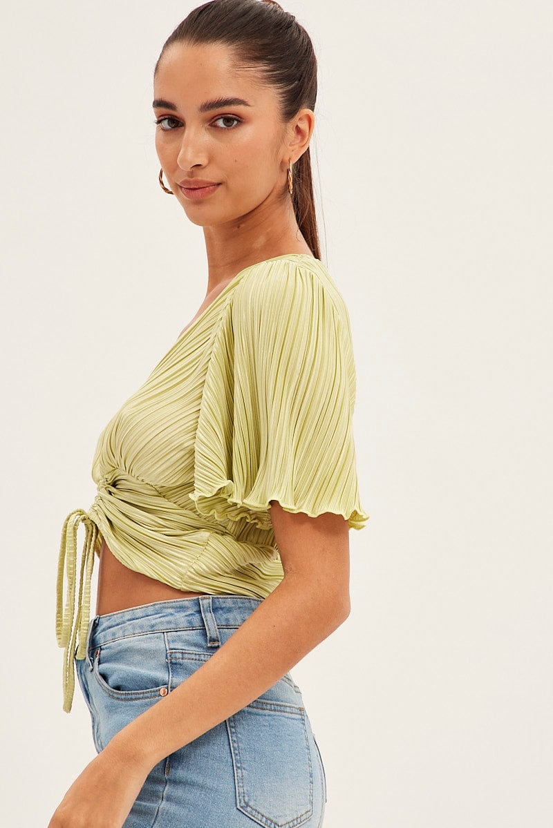 Green Crop Top Short Sleeve Plisse Ruched Front