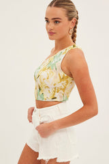 Yellow Floral Crop Top Sleeveless One Shoulder Shirred