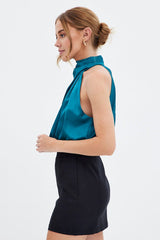 Blue Cami Top Sleeveless High Neck