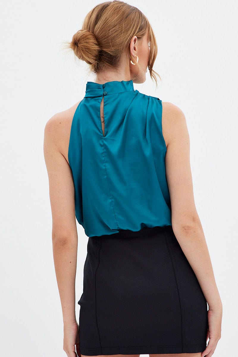 Blue Cami Top Sleeveless High Neck