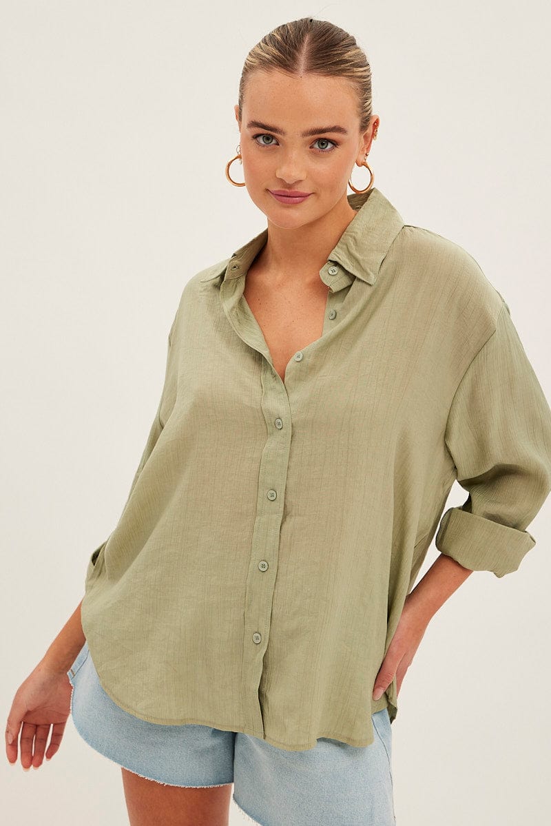 Green Textured Shirt Long Sleeve Collared