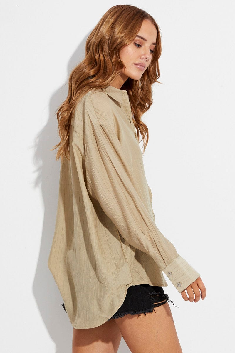 Beige Textured Shirt Long Sleeve Collared