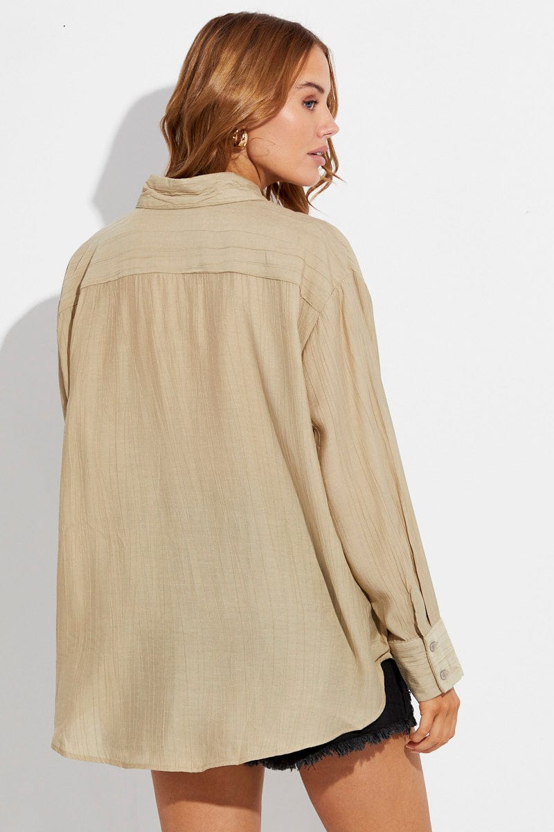 Beige Textured Shirt Long Sleeve Collared