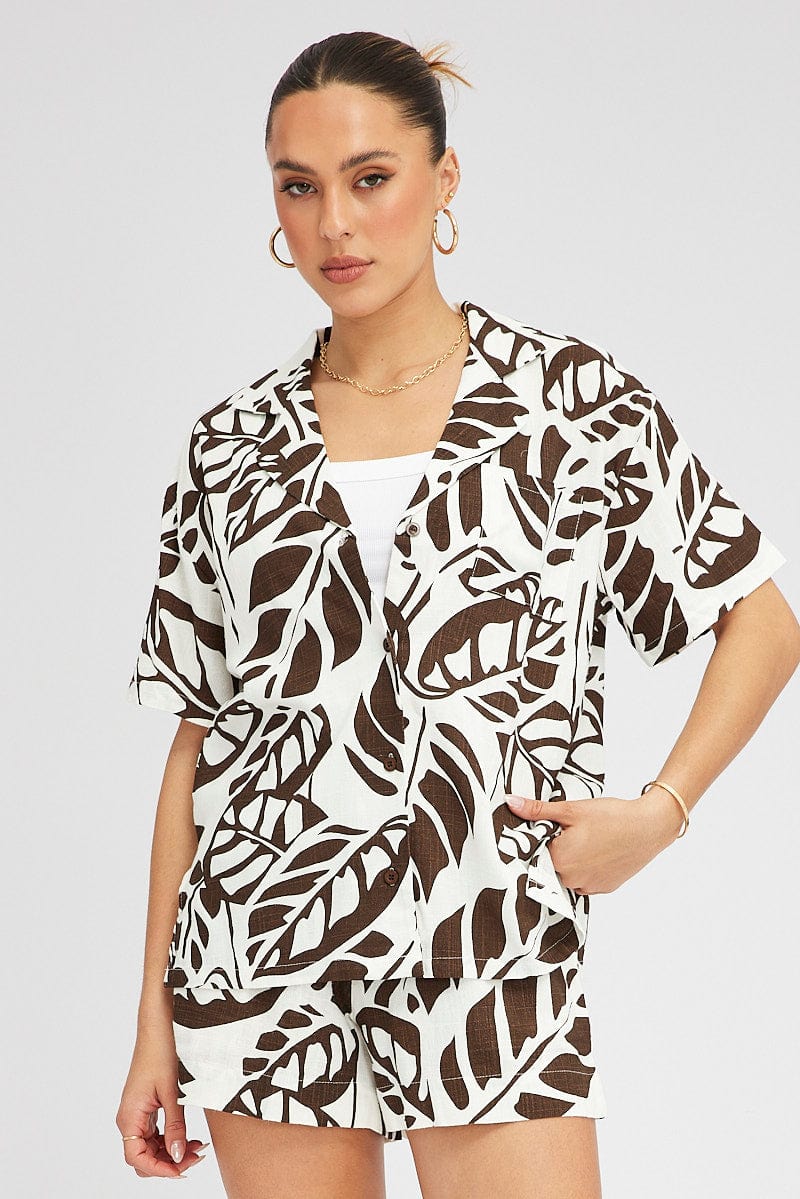 Brown Abstract Linen Shirt Short Sleeve