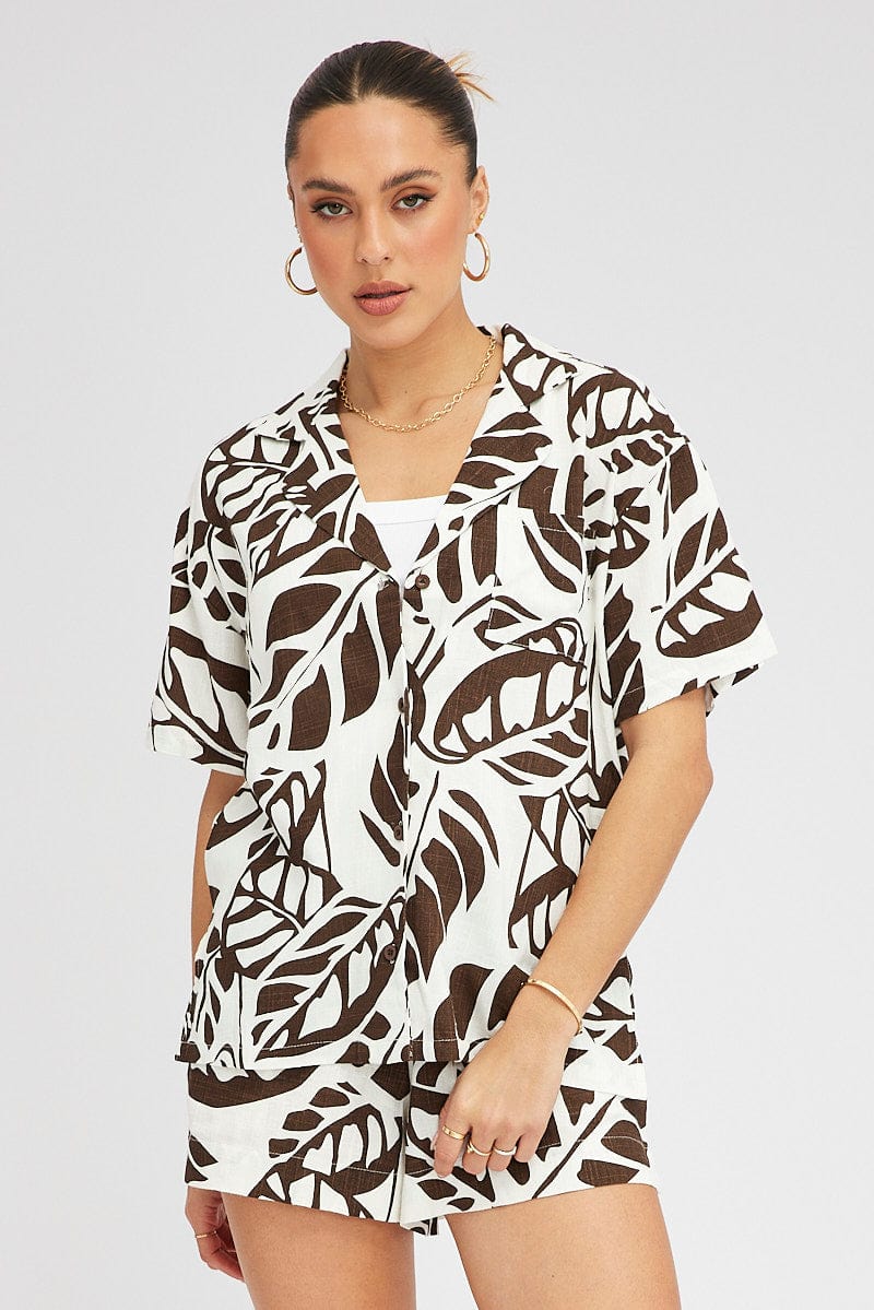 Brown Abstract Linen Shirt Short Sleeve