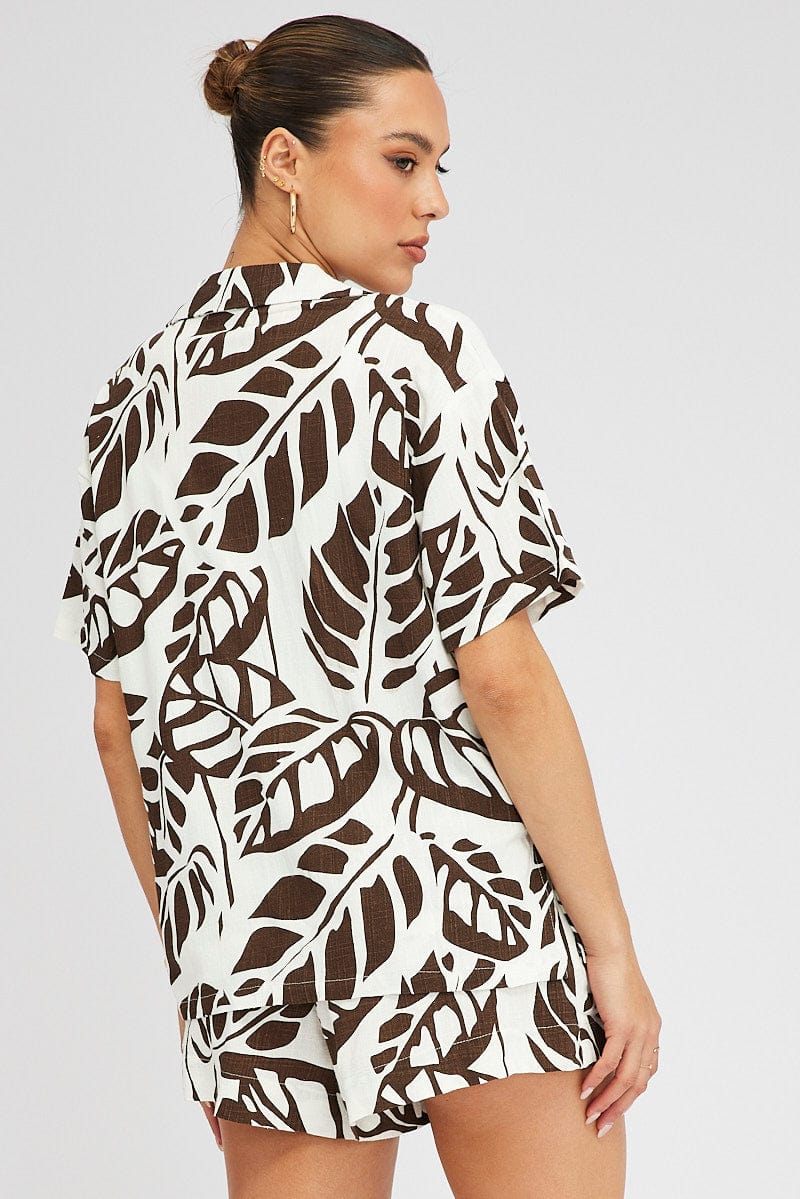 Brown Abstract Linen Shirt Short Sleeve