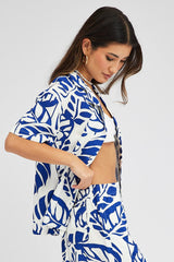 Blue Abstract Linen Shirt Short Sleeve