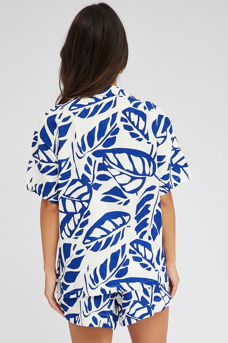 Blue Abstract Linen Shirt Short Sleeve