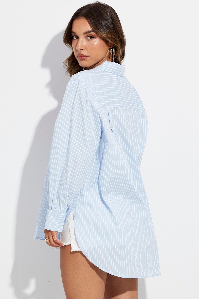 Blue Stripe Shirt Long Sleeve Collar