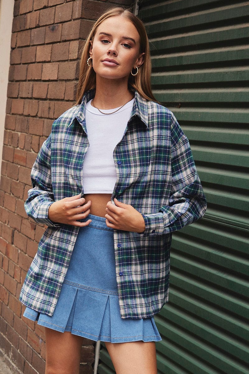 Green Check Shirt Long Sleeve Collar Check