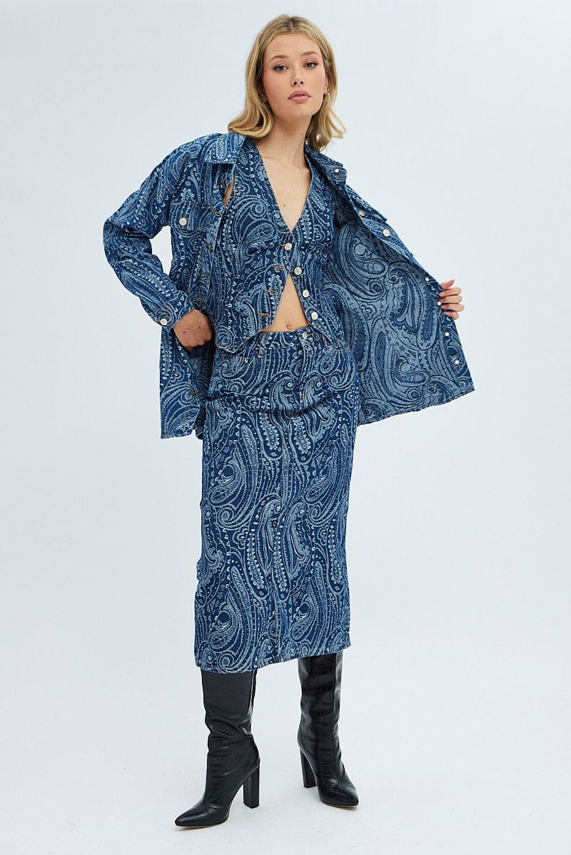 Denim Paisley Shacket Long Sleeve Collared Paisley Denim