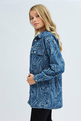 Denim Paisley Shacket Long Sleeve Collared Paisley Denim