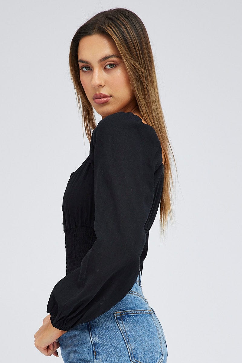 Black Bodysuit Long Sleeve Sweetheart Neck