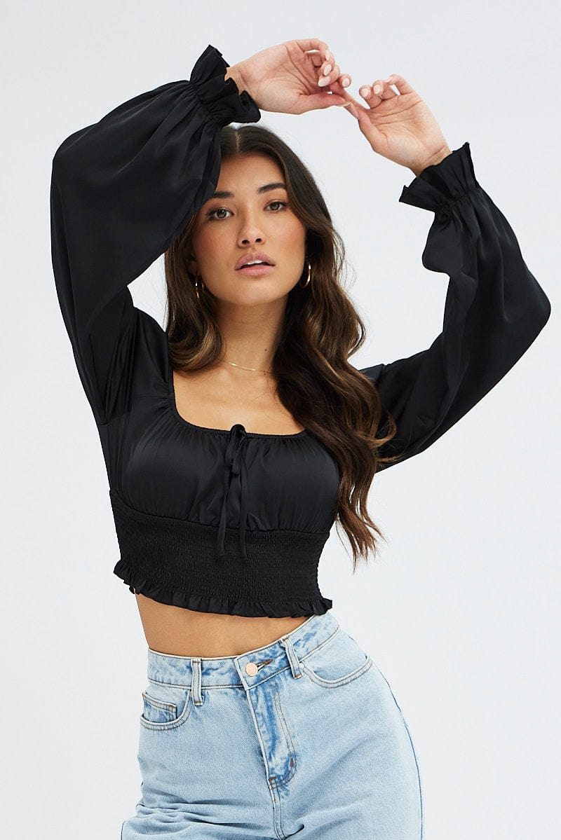 Black Crop Top Long Sleeve Scoop Neck Shirred Satin