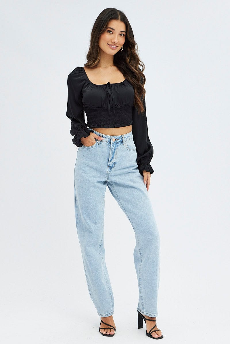 Black Crop Top Long Sleeve Scoop Neck Shirred Satin