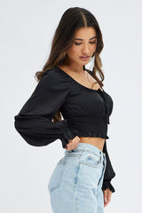 Black Crop Top Long Sleeve Scoop Neck Shirred Satin