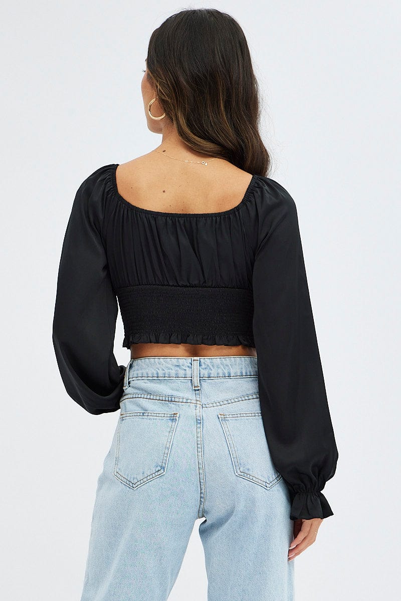 Black Crop Top Long Sleeve Scoop Neck Shirred Satin