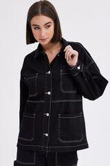 Black Shirt Long Sleeves Collared Contrast Stitch Denim