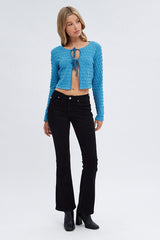 Blue Top Crop Texture Long Sleeve Tie Front