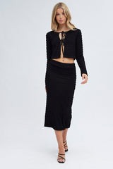 Black Top Crop Texture Long Sleeve Tie Front