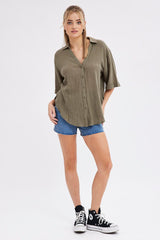 Green Textured Cotton Short Sleeve Collared Shirt