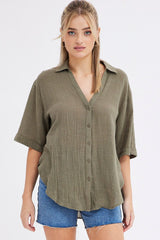 Green Textured Cotton Short Sleeve Collared Shirt