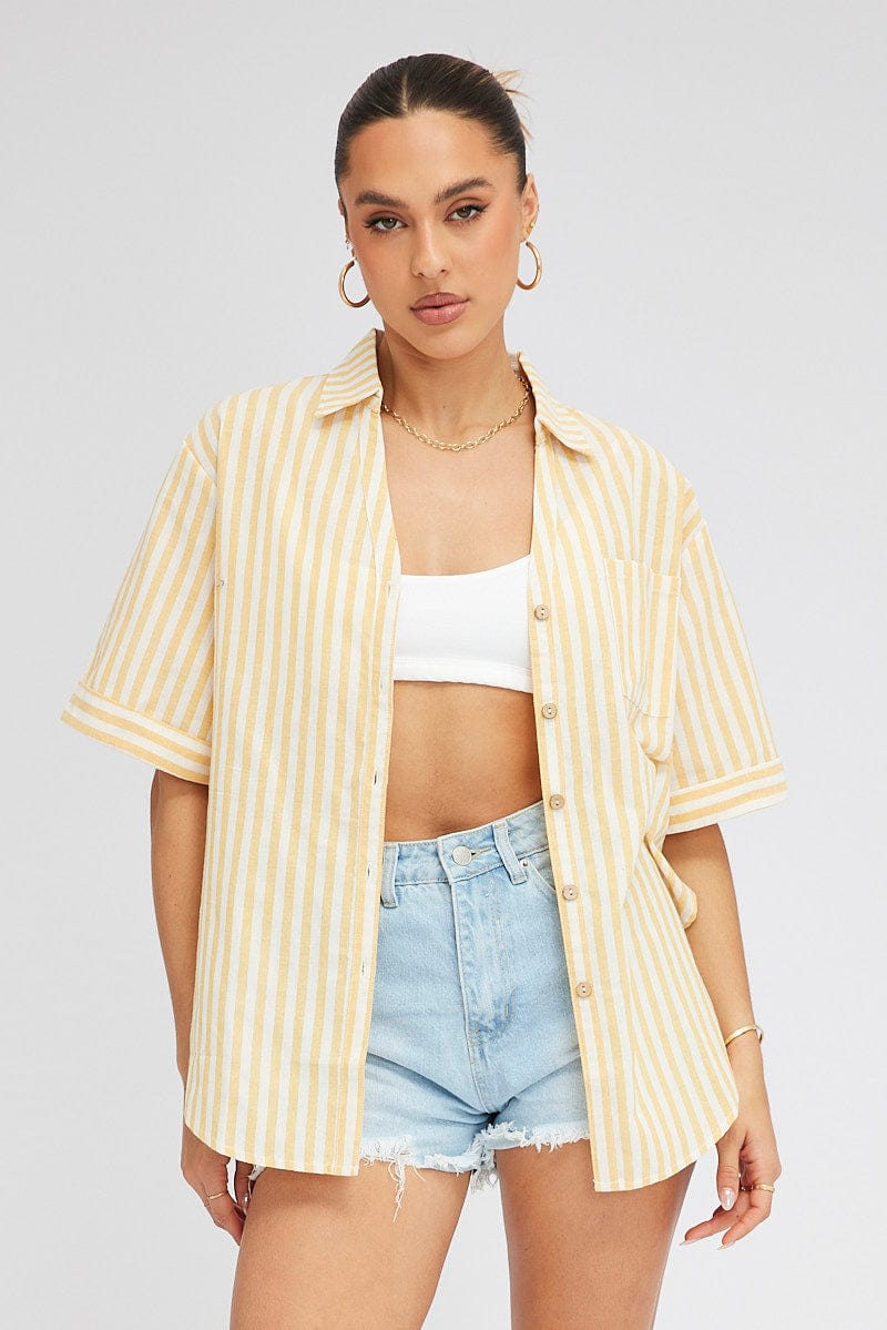 Yellow Stripe Shirt Short Sleeve Collared Neck