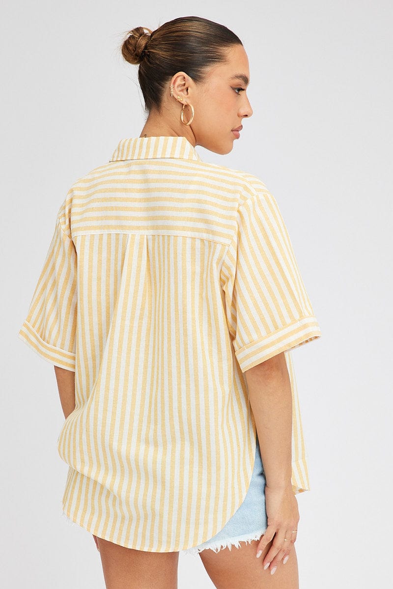 Yellow Stripe Shirt Short Sleeve Collared Neck