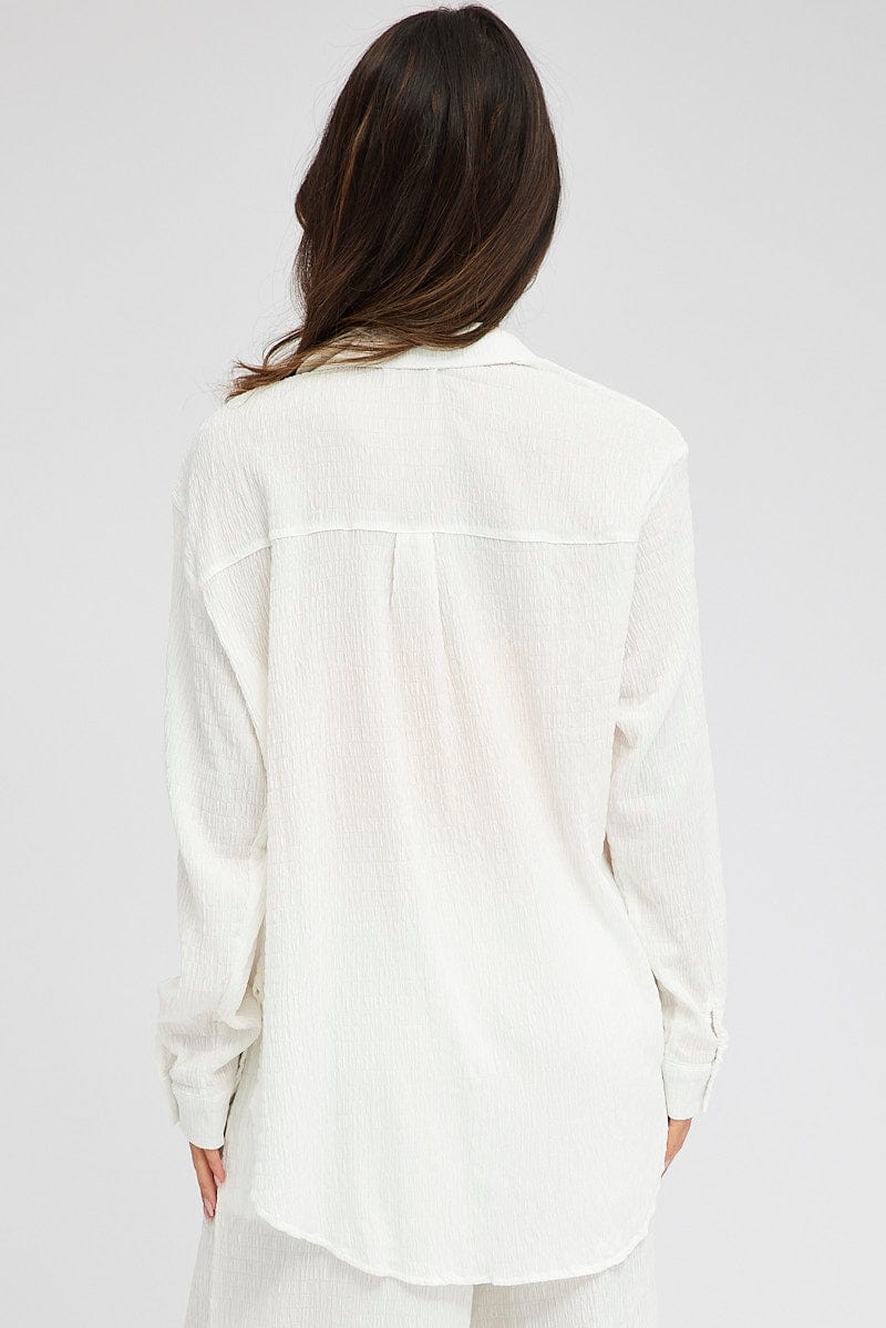 White Textured Shirt Long Sleeve Collared Neck