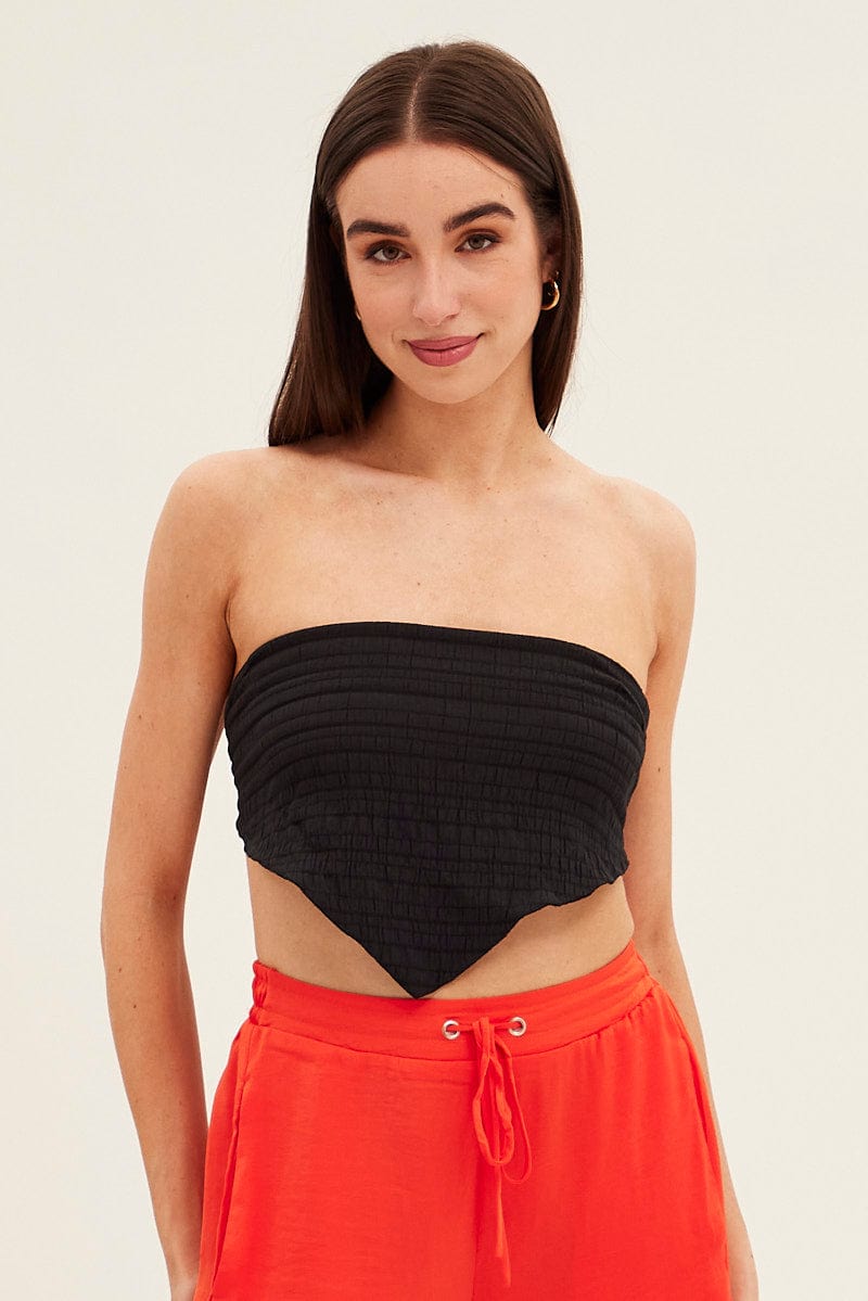 Black Shirred Strapless Tie Back Bandana Hem Top