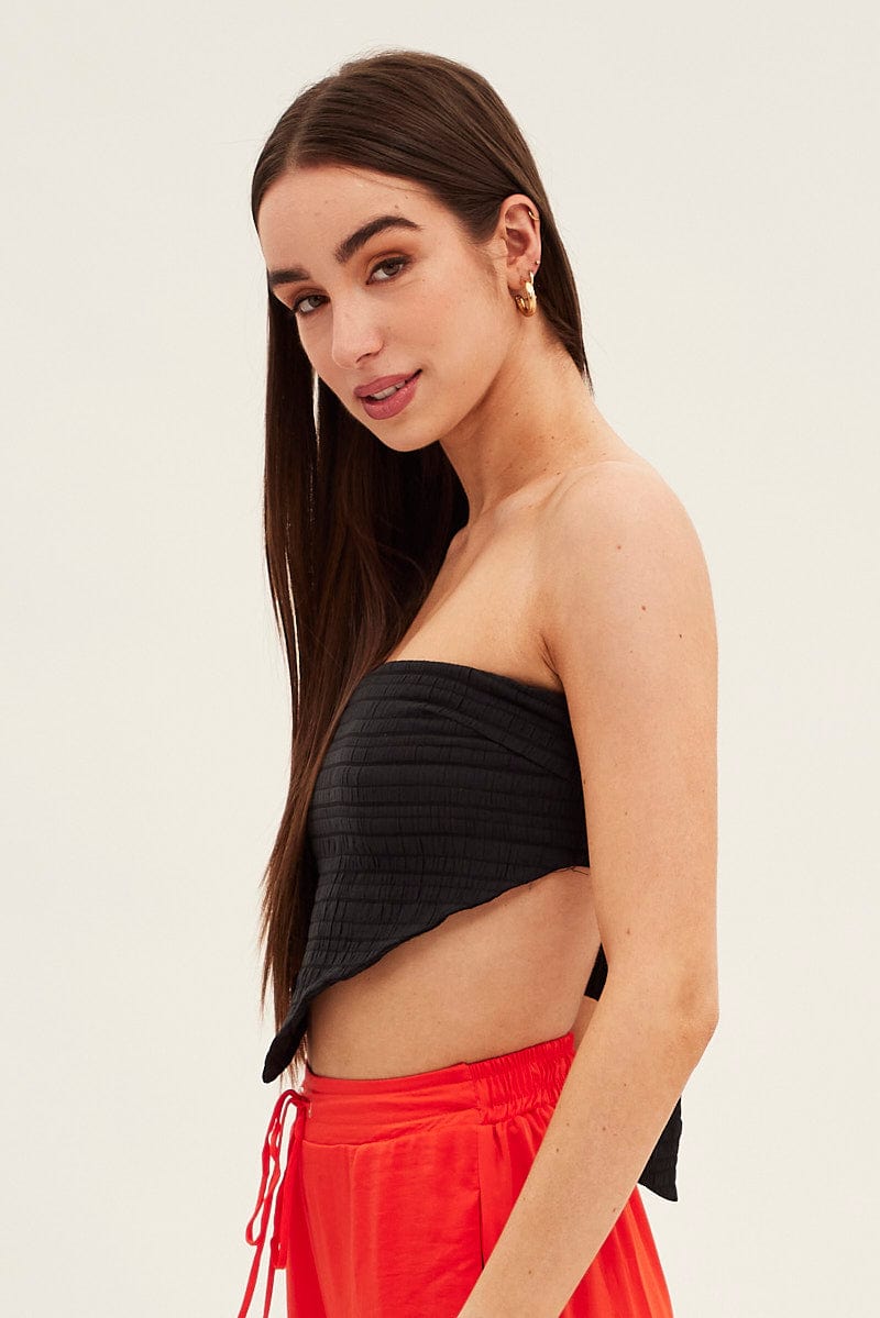 Black Shirred Strapless Tie Back Bandana Hem Top