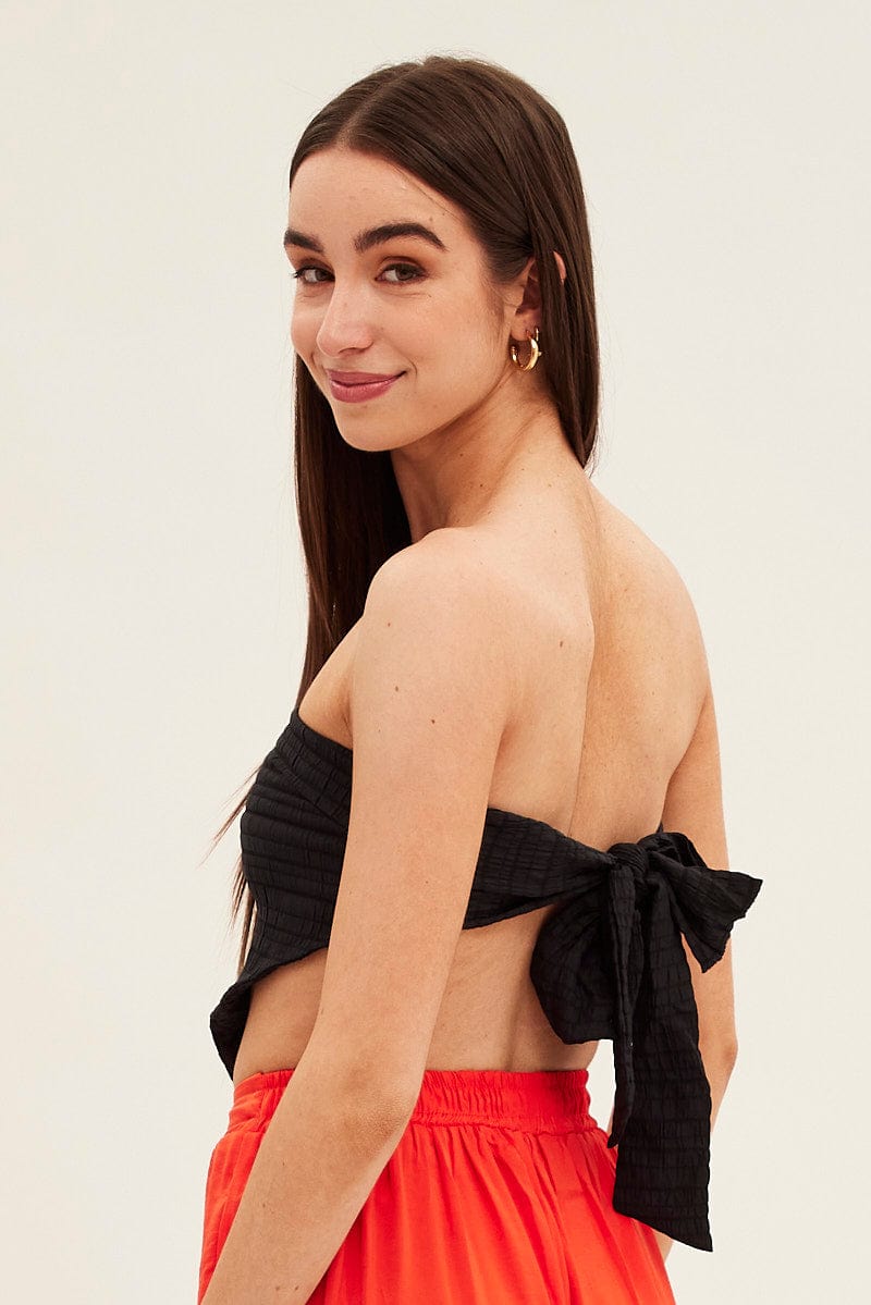 Black Shirred Strapless Tie Back Bandana Hem Top