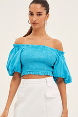 Blue Shirred Top Volume Short Sleeve Crop Linen Blend