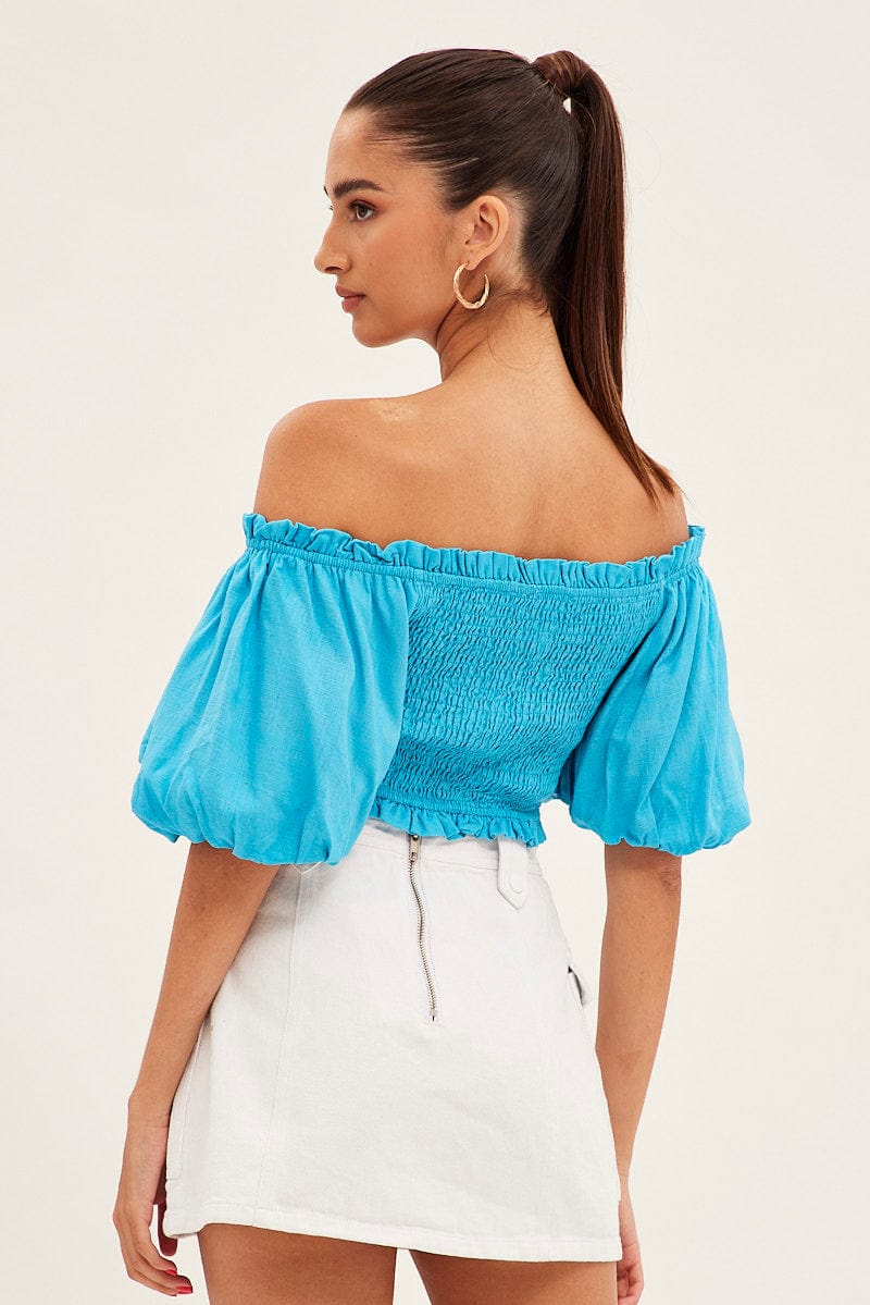 Blue Shirred Top Volume Short Sleeve Crop Linen Blend