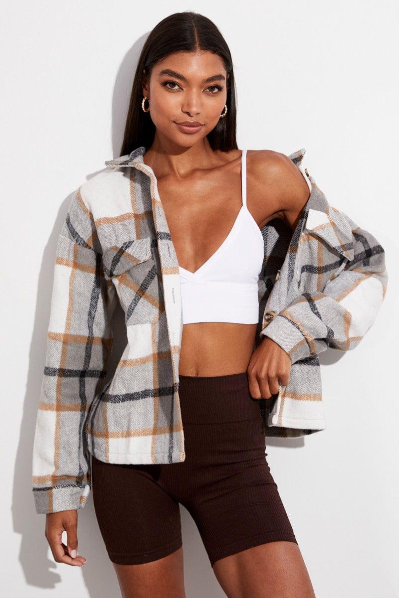 Beige Check Print Shirt Long Sleeve