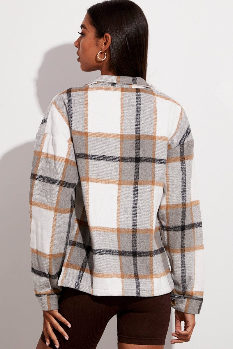 Beige Check Print Shirt Long Sleeve