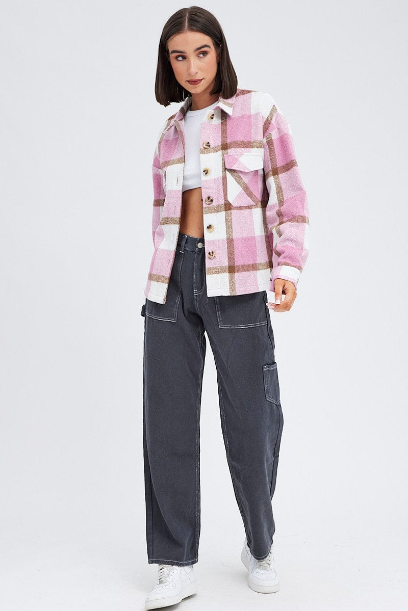 Pink Check Print Shirt Long Sleeve