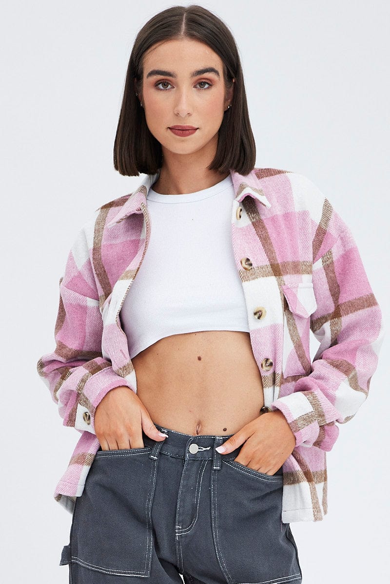 Pink Check Print Shirt Long Sleeve