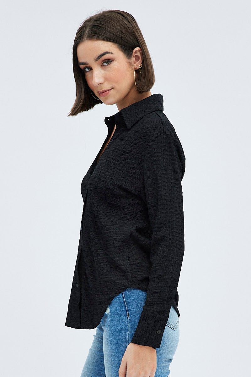 Black Shirt Long Sleeve Collared Neck Textured