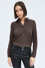 Brown Shirt Long Sleeve Collared Neck Textured