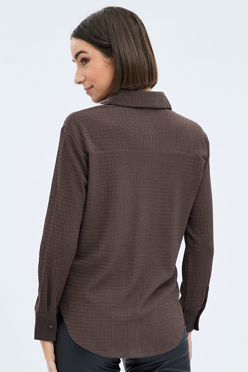 Brown Shirt Long Sleeve Collared Neck Textured